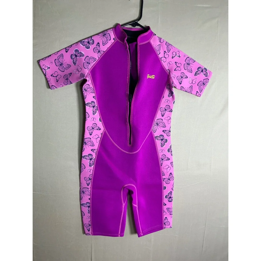 Goldfin Kids 2mm Neoprene Wetsuit Pink Butterfly Shorty Swimsuit Size 16
